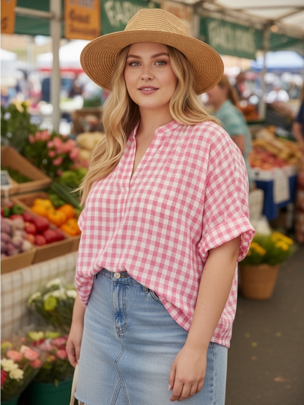 Crown & Ivy Pink Gingham Blouse XL Flutter Sleeve Cottagecore Top, XL, Spring